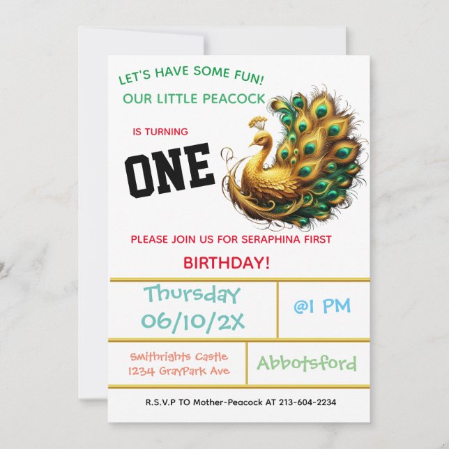 Invitation Célébration d'anniversaire de Peacock - 1 an! (Devant)