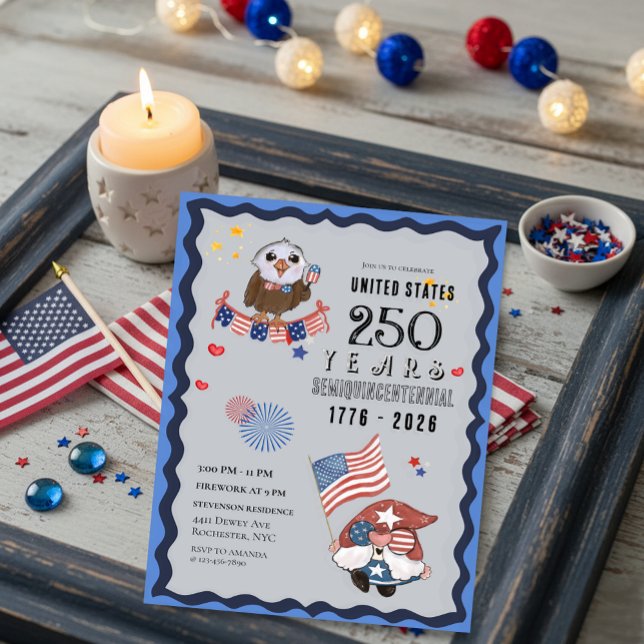 Invitation Célébration de 250 ans des États-Unis avec Gnome e (USA 250 Years Celebration with Gnome & Eagle Invitation)