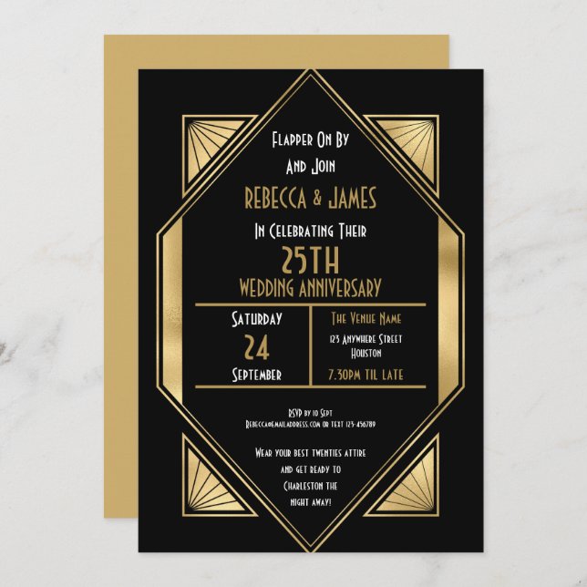 Invitation Célébration de 25 ans de mariage Argent Art Déco (Devant / Derrière)