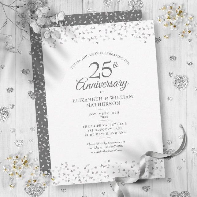 Invitation Célébration de 25 ans de mariage Confettis coeurs  (25th Wedding Anniversary Silver Hearts Confetti Invitation)