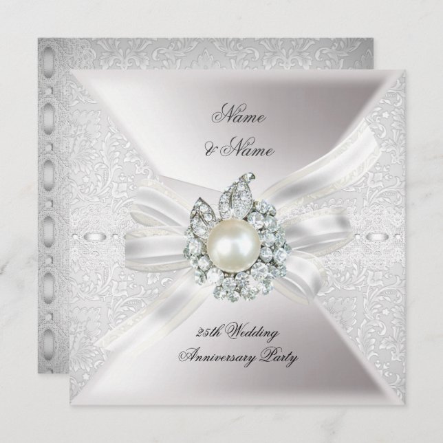 Invitation Célébration de 25 ans de mariage en dentelle perle (Devant / Derrière)