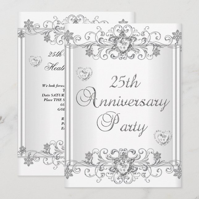 Invitation Célébration de 25 ans Silver White Diamond Hearts  (Devant / Derrière)
