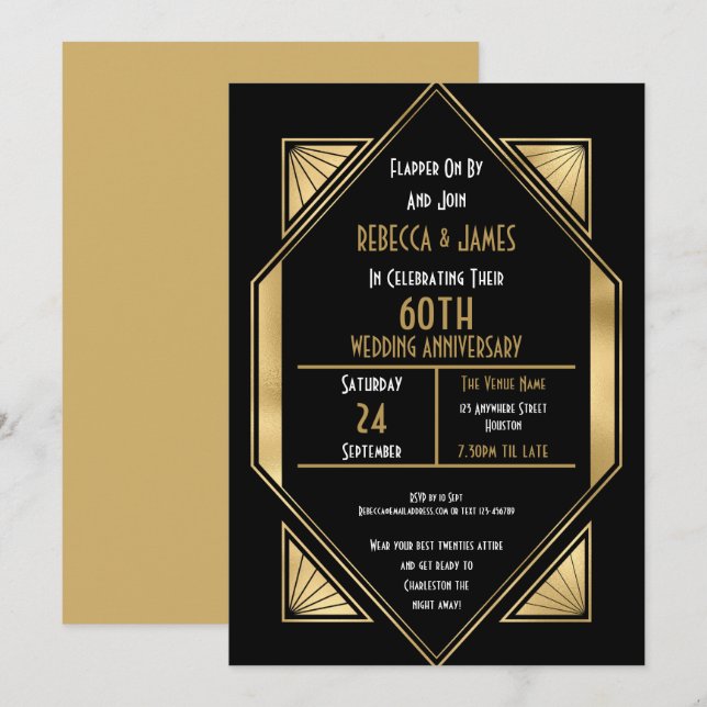 Invitation Célébration de 60 ans de mariage Art Déco (Devant / Derrière)