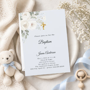 Invitation Célébration de baptême fleurs blanches bleu clair 