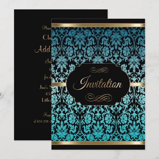 Invitation Célébration de fête en Damassé Turquoise | Texte D (Devant / Derrière)