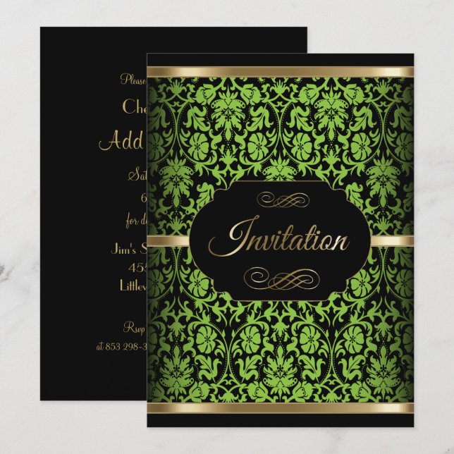 Invitation Célébration de fête en Damassé Vert Citron | Texte (Devant / Derrière)