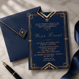 Invitation Célébration de gala Art Déco bleu marine et or de 