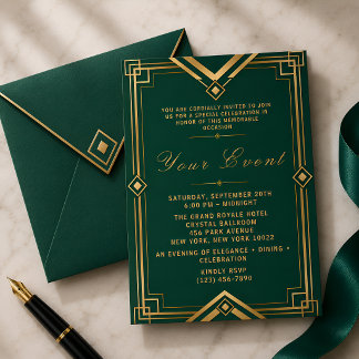Invitation Célébration de gala émeraude vert or Art Déco Luxe