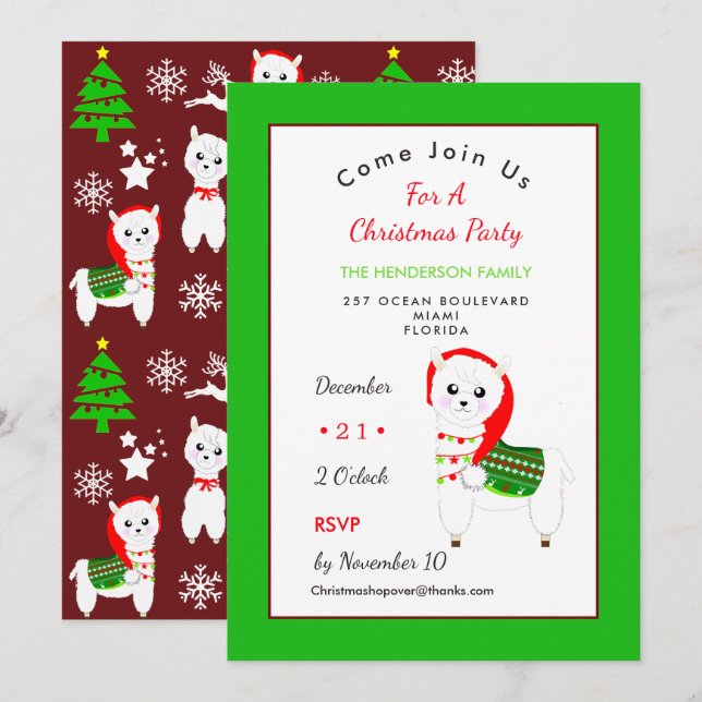 Invitation Célébration de la fête de Noël de Llama (Devant / Derrière)