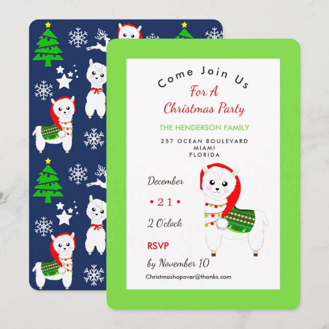 Invitation Célébration de la fête de Noël de Llama (Devant / Derrière)