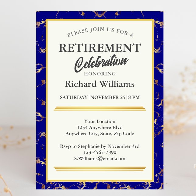 Invitation Célébration de la retraite Formal Blue Gold Marble (Créateur téléchargé)