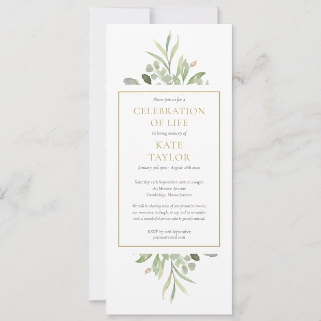 Invitation Célébration de la verdure du service funèbre de la (Devant)