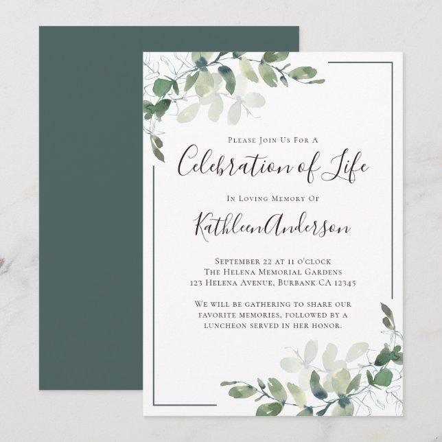 Invitation Célébration de la vie à Eucalyptus (Devant / Derrière)