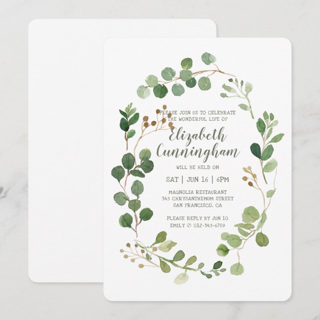 Invitation Célébration de la vie Aquarelle Verdure Foliage (Devant / Derrière)