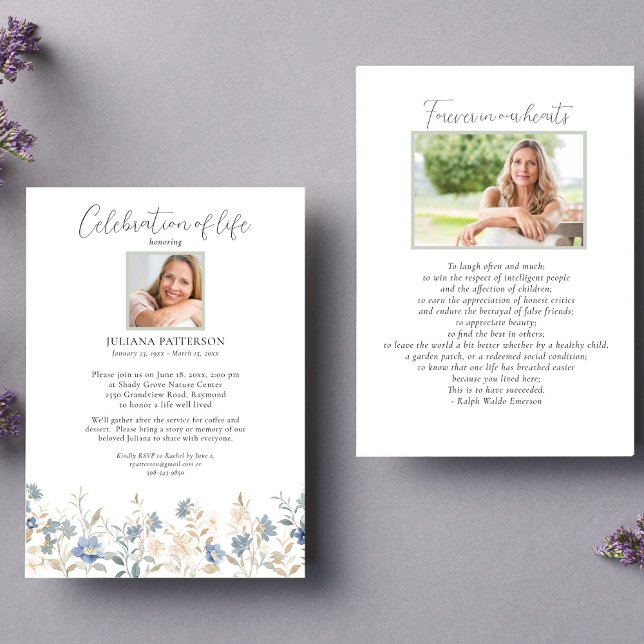 Invitation Célébration de la vie Bleu Fleurs sauvages funérai (Créateur téléchargé)