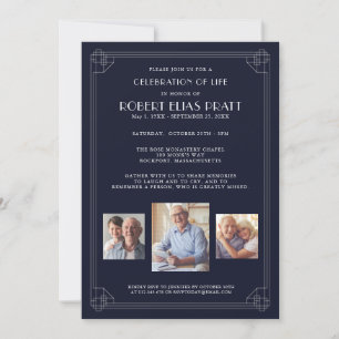 Invitation Célébration de la vie bleu foncé blanc 3 Photo Inv