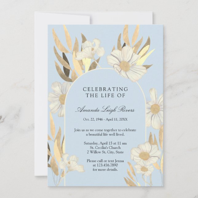 Invitation Célébration de la vie - Blue & Gold Daisy Invitati (Devant)
