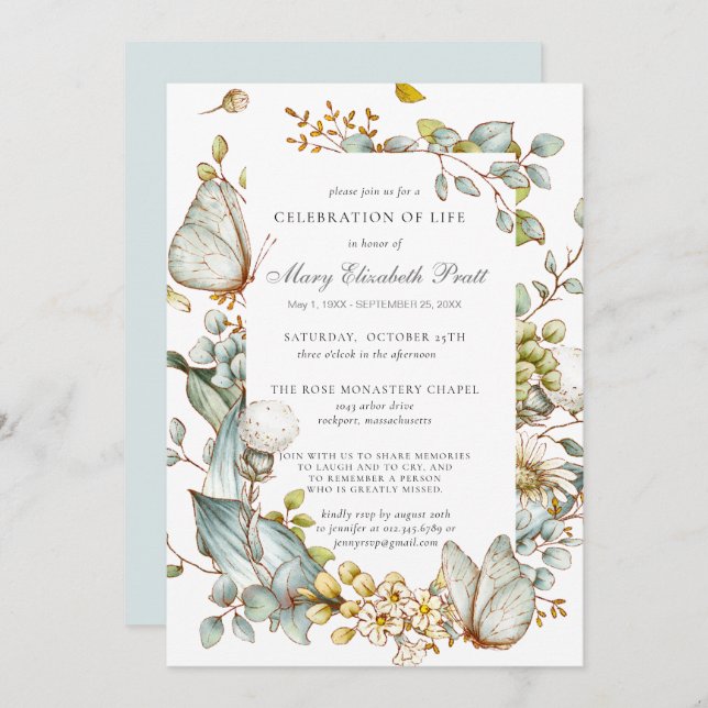 Invitation Célébration de la vie Dusty Bleu Botanique (Devant / Derrière)