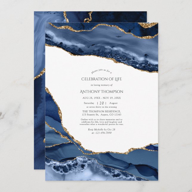 Invitation Célébration de la vie en agate Navy et Or (Devant / Derrière)
