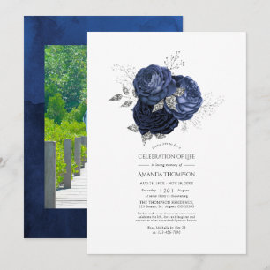 Invitation Célébration de la vie en bleu marine et faux paill