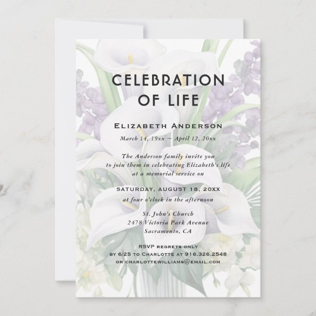 Invitation Célébration de la vie Funérailles Calla Lily Flora (Devant)