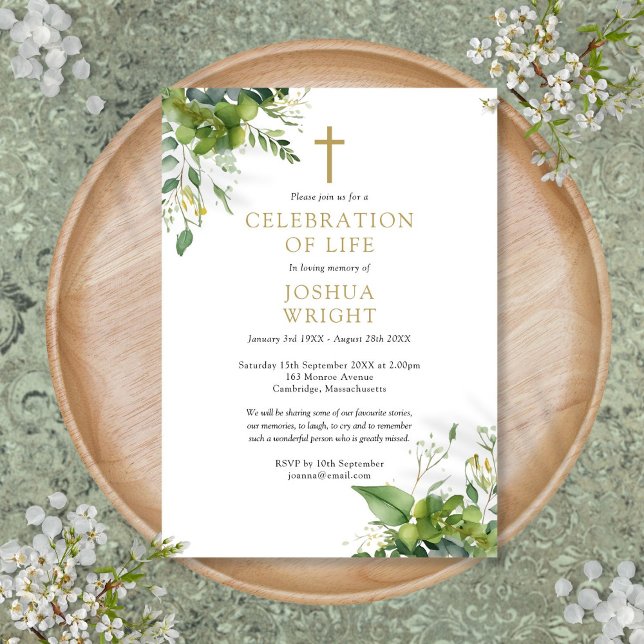 Invitation Célébration de la vie funéraire de verdure chrétie (Christian Greenery Celebration Of Life Funeral Invitation)