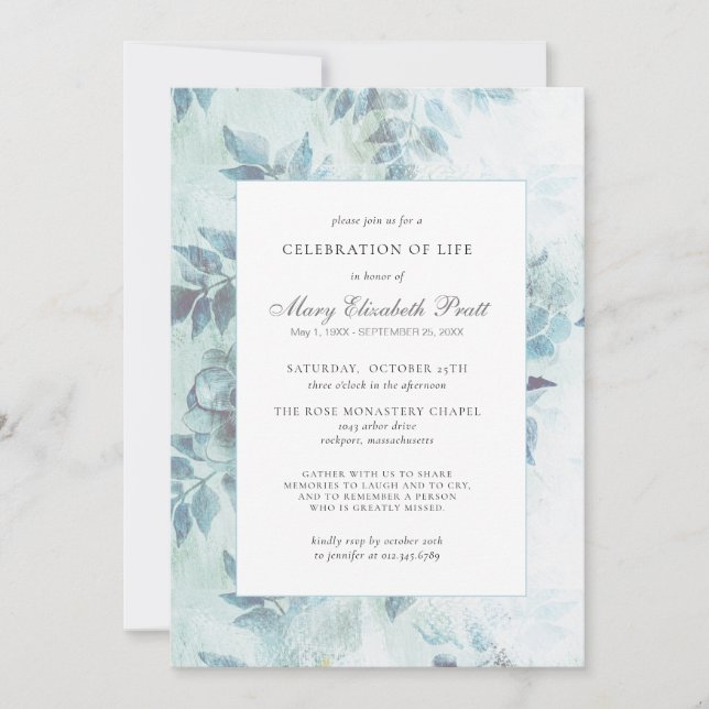 Invitation Célébration de la vie funéraire Dusty Blue Floral (Devant)