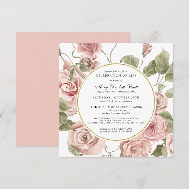 Invitation Célébration de la vie funéraire Dusty rose Rose Fl (Devant / Derrière)