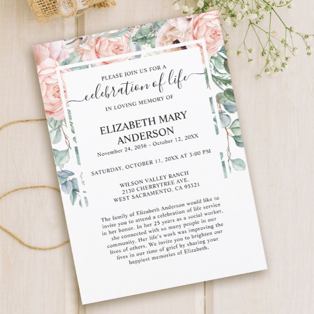 Invitation Célébration de la vie funéraire Memorial rose Blus (Créateur téléchargé)