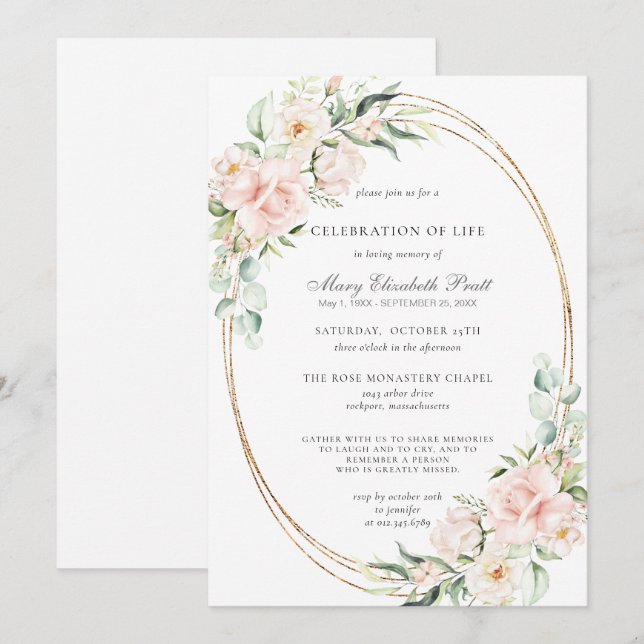 Invitation Célébration de la vie funéraire Mémorial rose flor (Devant / Derrière)