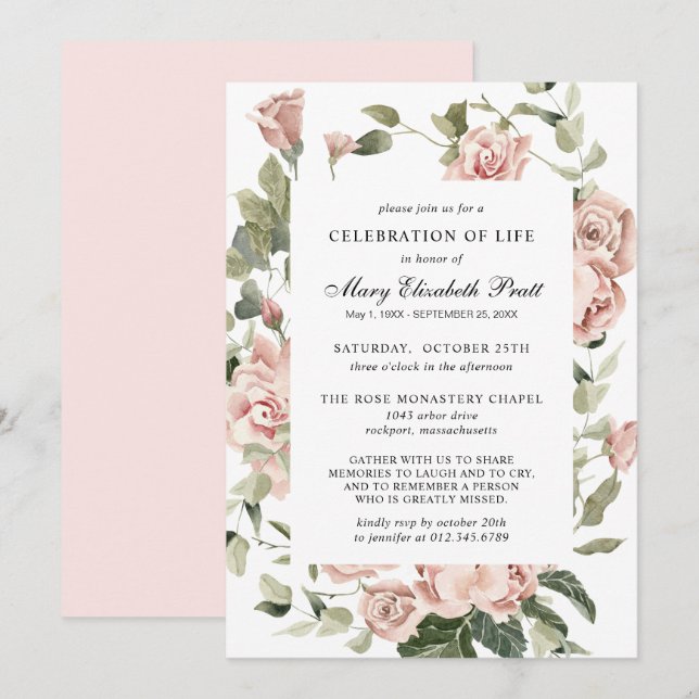 Invitation Célébration de la vie funéraire Mémorial rose flor (Devant / Derrière)