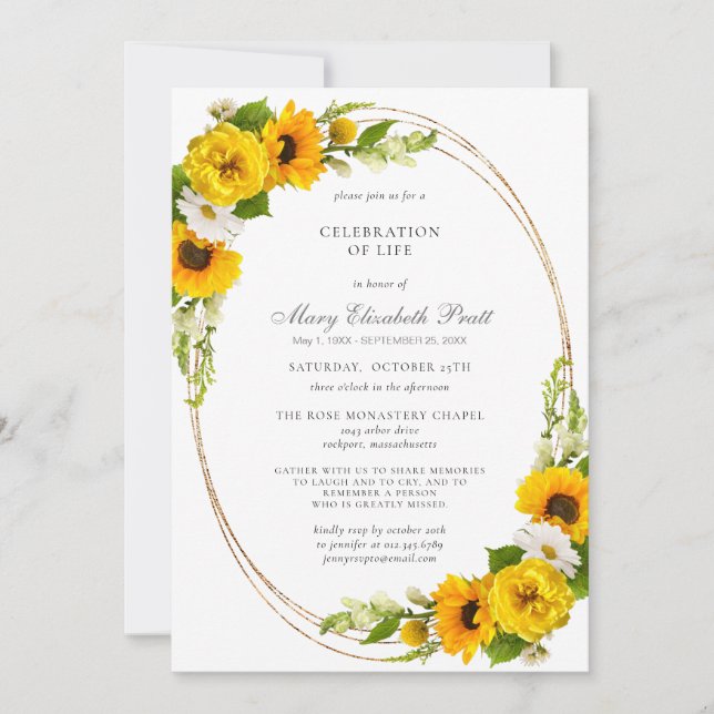 Invitation Célébration de la vie funéraire Mémorial tournesol (Devant)