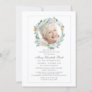 Invitation Célébration de la vie Funéraire Photo Florale Blan