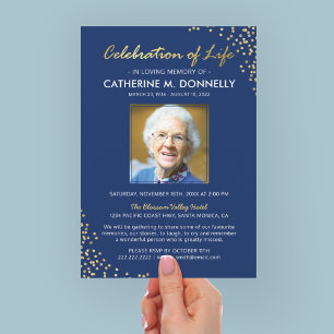Invitation Célébration de la vie   Mémorial funéraire bleu or
