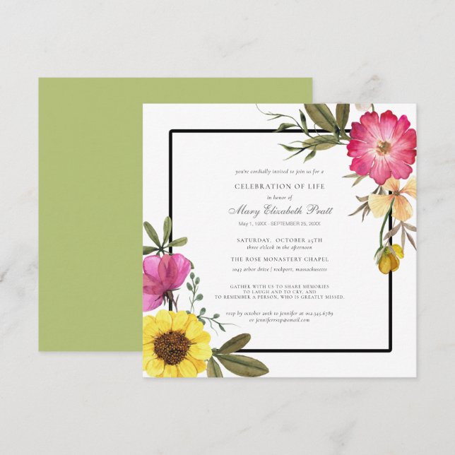 Invitation Célébration de la vie Moderne Boho rose jaune Flor (Devant / Derrière)