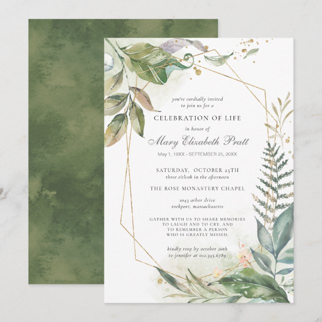 Invitation Célébration de la vie Moderne Vert Or Botanique (Devant / Derrière)