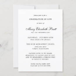 Invitation Célébration de la vie Noir Blanc Elégant Funéraill