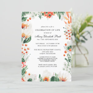 Invitation Célébration de la vie Orange White Floral Funérail