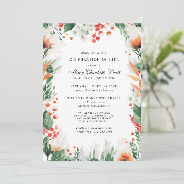 Invitation Célébration de la vie Orange White Floral Funeral (Debout devant)