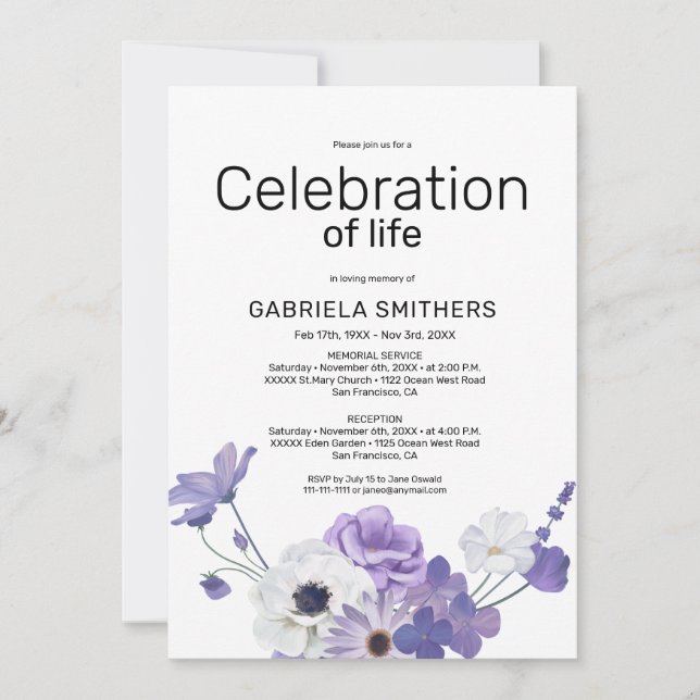 Invitation Célébration de la vie Purple Floral Funeral Memori (Devant)