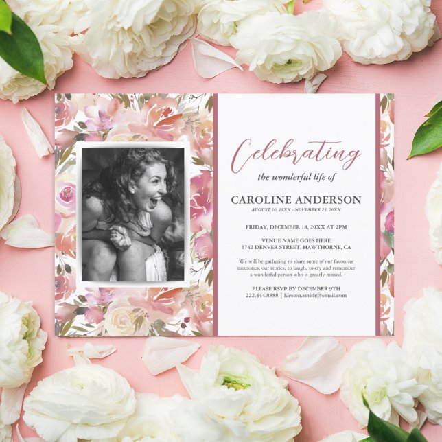 Invitation Célébration de la vie rose florale photo (Créateur téléchargé)