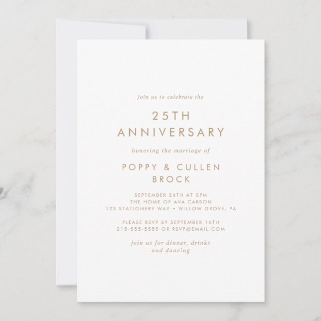 Invitation Célébration de mariage 25 ans Typographie Or Chic (Devant)