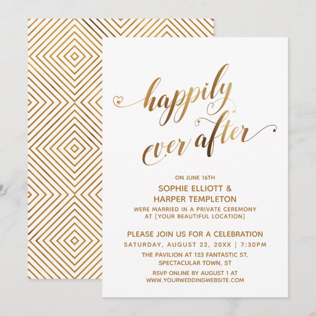 Invitation Célébration de mariage après la noce, Gold Happily (Devant / Derrière)
