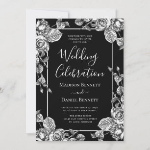 Invitation Célébration de mariage élégante florale noir et bl