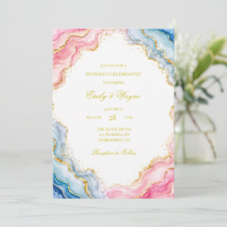 Invitation Célébration de mariage en agate rose bleu or