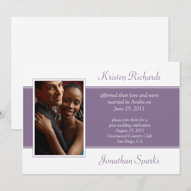 Invitation Célébration de mariage moderne violet blanc photo  (Devant / Derrière)