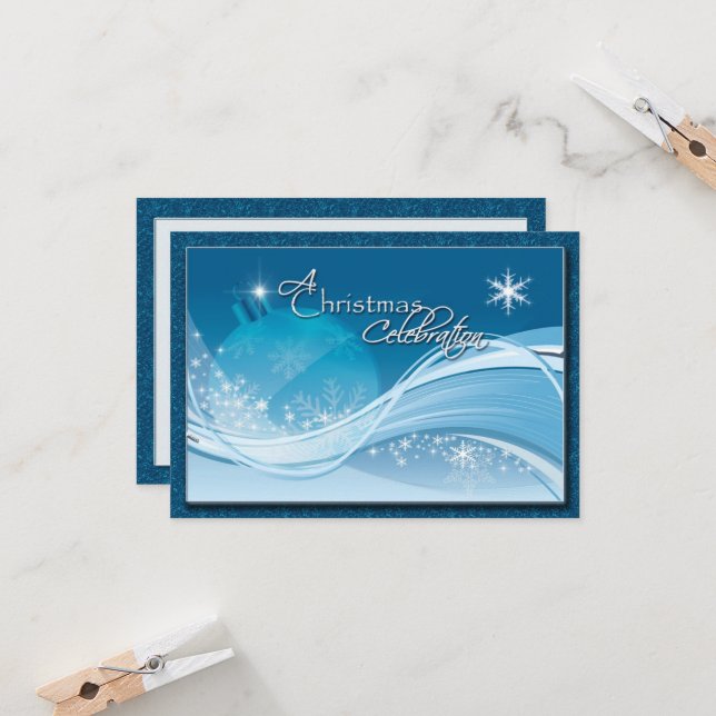 Invitation Célébration de Noël bleu blanc RSVP (Devant/Arrière en situation)