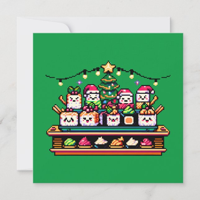 Invitation Célébration de Noël du Sushi - Festive 8 bits (Devant)