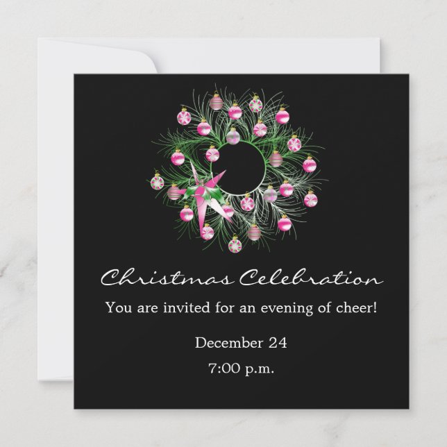 Invitation Célébration de Noël Wreath rose (noir) (Devant)