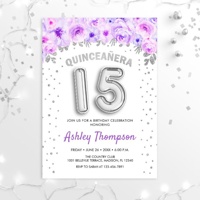 Invitation Célébration de Quinceanera - Ballons d'argent viol (Créateur téléchargé)